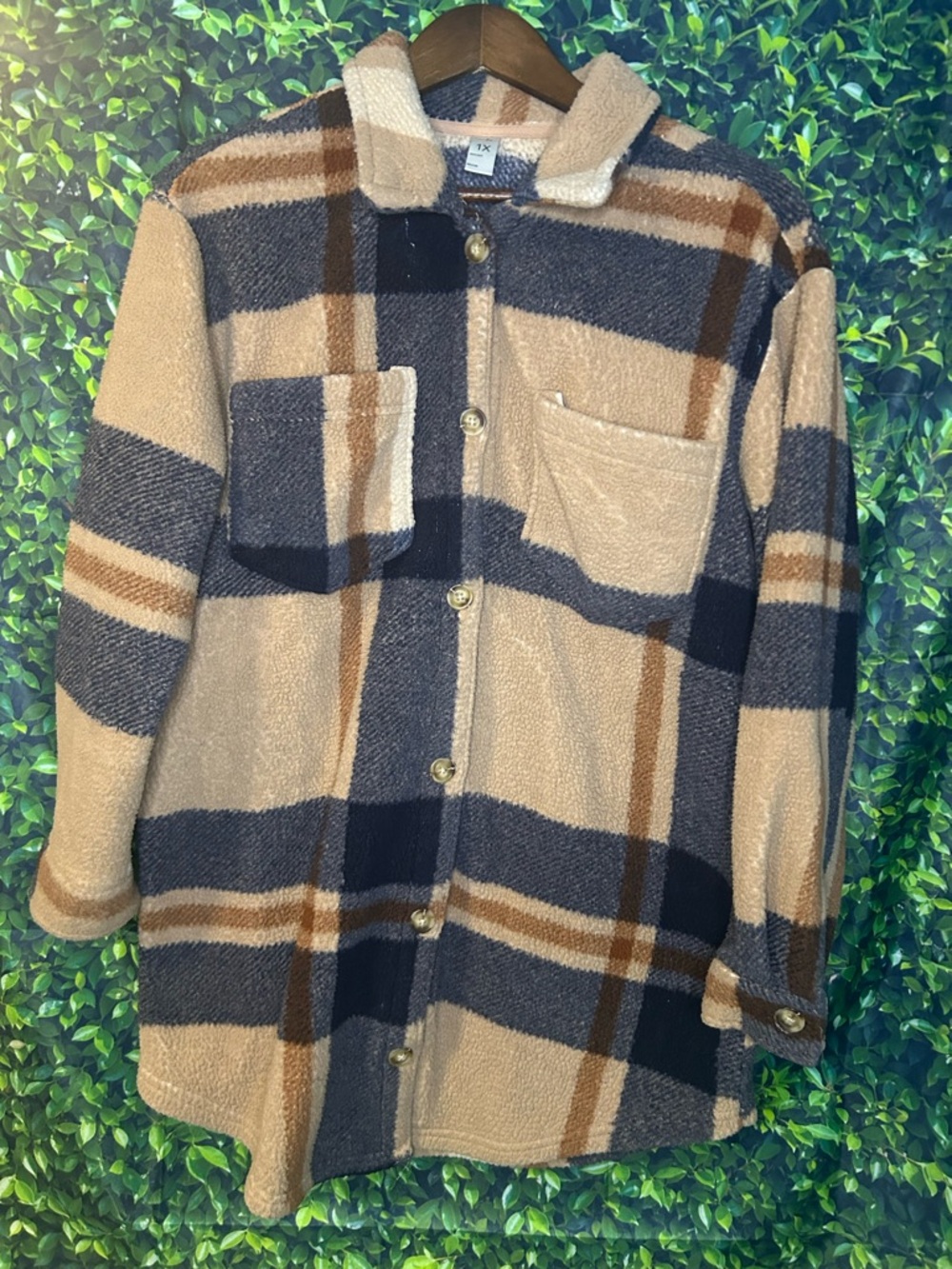 just be Navy, Tan & Brown Plaid Sherpa Jacket